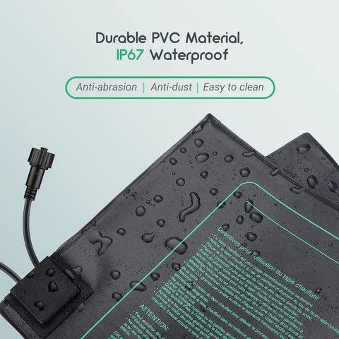 Close-up of waterproof Six Pack 30W Seedling Heating Mats 10 By 20.75 Inches With Digital Thermostat Controller for greenhouse use