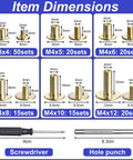 Item dimensions for Badass Dope Gold Chicago Screws Rivet Kit showing various sizes and installation tools.