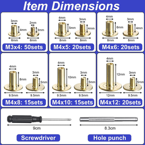 Item dimensions for Badass Dope Gold Chicago Screws Rivet Kit showing various sizes and installation tools.