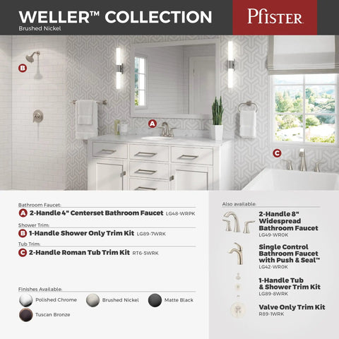 Weller Single Handle Shower Trim Kit With Dope Multi Function Shower Head in brushed nickel finish bathroom setting.