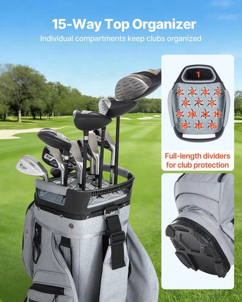 15 Way Top Divider Golf Cart Bag With Full Length Dividers Rain Hood Grip Locking Bottom Silicone Head Protection