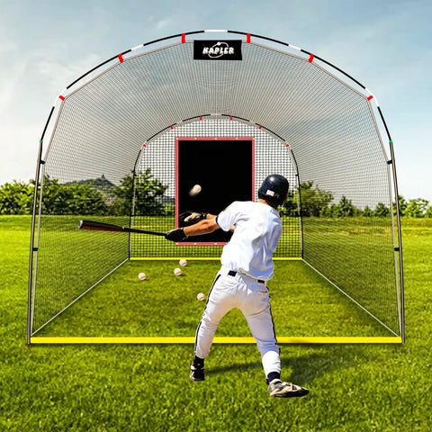 Backyard Baseball Batting Cage 13 Foot By 10 Foot By 8 Foot Heavy Duty Steel Frame With Durable Netting, player practicing