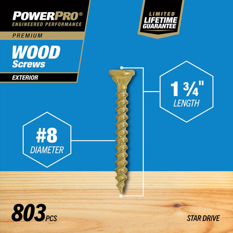 Premium Exterior Wood Deck Screws Set For Outdoor Builds In Bronze, Size 8 By 1 3/4 Inch, length and diameter details.
