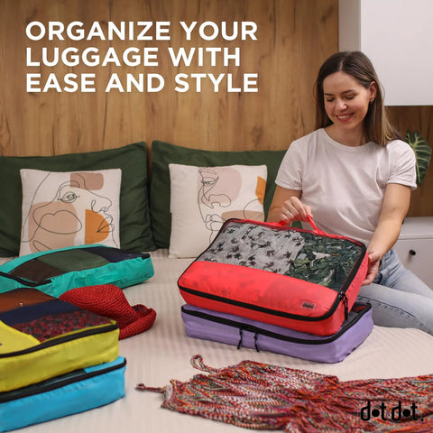 Person using Large Travel Packing Cubes Set Of 5 For Suitcases Lightweight Luggage Organizer Bags With Non Compression Design.