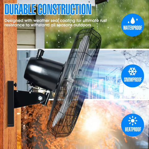 Side view of Outdoor Oscillating High Velocity Wall Fan With 4750 CFM Heavy Duty Weatherproof Motor in a weatherproof outdoor setting