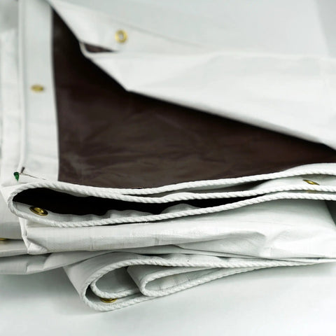 Ultra Heavy Duty Waterproof Tarp 12 Ft By 16 Ft 16 Mil Thick With Rope Hem Reinforced Corners Brass Grommets White Brown
