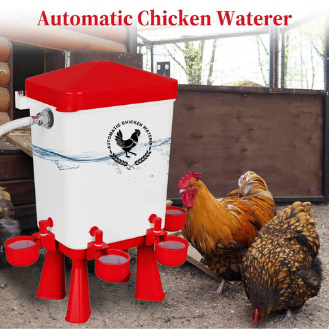 3 Gallon Automatic Chicken Waterer with 5 Foot Pipe and Five Red Nipple Cups Float Control Poultry Gear for hydration