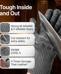 Close-up of 932F Extreme Heat Resistant Oven Gloves with Fingers, showcasing aramid fibers and cut resistance with knife.