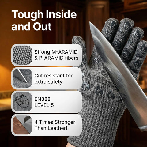 Close-up of 932F Extreme Heat Resistant Oven Gloves with Fingers, showcasing aramid fibers and cut resistance with knife.