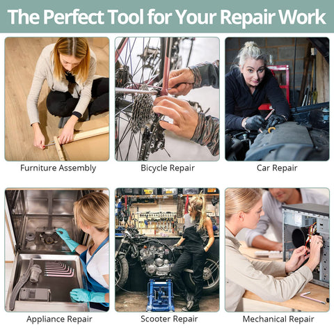 Collage of furniture, bicycle, car, appliance, scooter, and mechanical repairs using a pink 9-Piece Allen Key Set With Long Ball End Cr-V Wrenches.