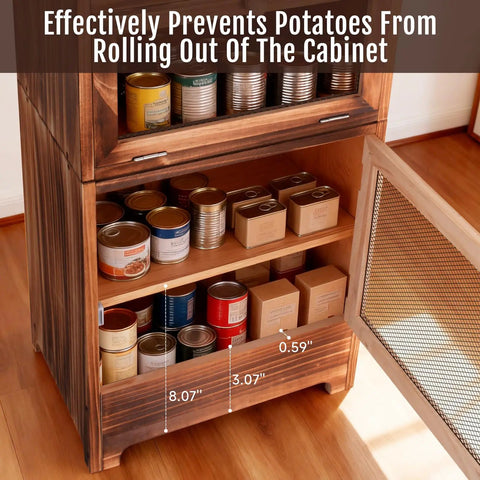Two In One Wooden Potato And Onion Storage Bin With Lid And Mesh Doors Stackable Bread And Vegetable Cabinet For Kitchen Space Saving Rustic Pantry Organizer For Potatoes Onions Fruit And More with open mesh door showing canned goods inside.
