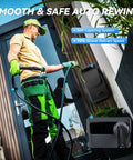 Man using Retractable Garden Hose Reel Workhorse 1/2 Inch x 100 Ft, Wall Mount, Heavy Duty Auto Rewind at patio.