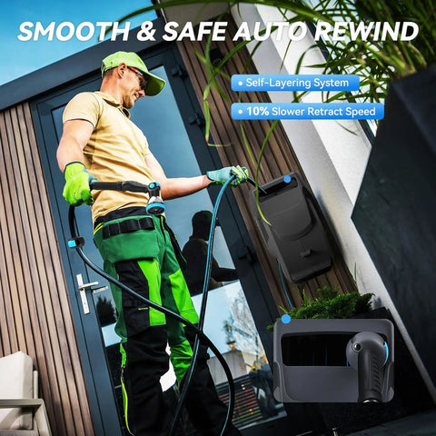 Man using Retractable Garden Hose Reel Workhorse 1/2 Inch x 100 Ft, Wall Mount, Heavy Duty Auto Rewind at patio.
