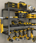 4 Layer Power Tool Organizer Wall Mount With Cordless Drill Hanger Storage Rack And Battery Tools Holder With Charging Station Shelf For Garage, Workshop, Pegboard, Shed 24 Inch 6 Slots showcasing tools and accessories.