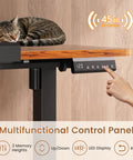 Top Tier Electric Standing Desk With Smooth Height Adjustments And Full 180 Degree Tilting Surface For Sketching Or Computer Sessions Built With Reliable Rolling Casters For Instant Relocation Upgrade Your Grind With This Straight Up Desk Game Changer showing control panel with LED display and cat resting on wooden surface.