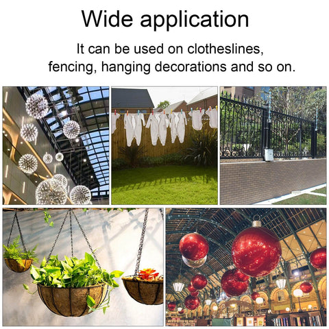 Images showing various applications of 10 Pack M6 89mm Concrete Eye Bolts Stainless Steel Wall Eyebolts in hanging objects and decorations.