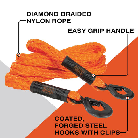 Heavy Duty 14 Foot Tow Rope With Easy Grip Handles And Steel G-Clip Hooks, 4500 Lb Break Strength, Diamond Braided Nylon