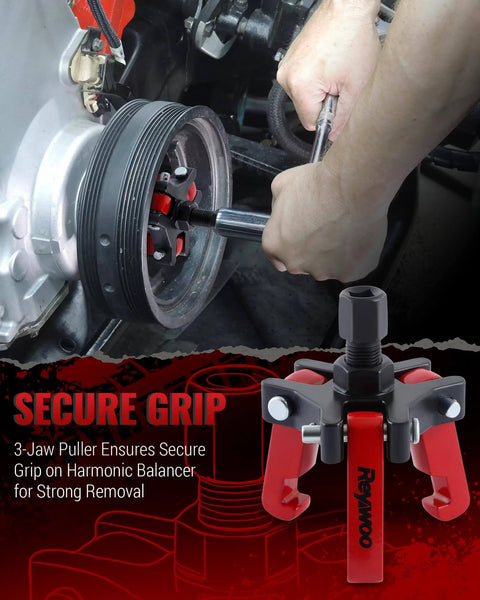 Harmonic Balancer Puller Kit for DIY Friendly Auto Repairs with three-jaw puller in action, removing harmonic damper pulley.