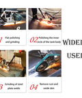 Portable Belt Sander And Abrasive Grinder On Rolling Frame For Rust Removal And Wood Projects features four uses including polishing and grinding.