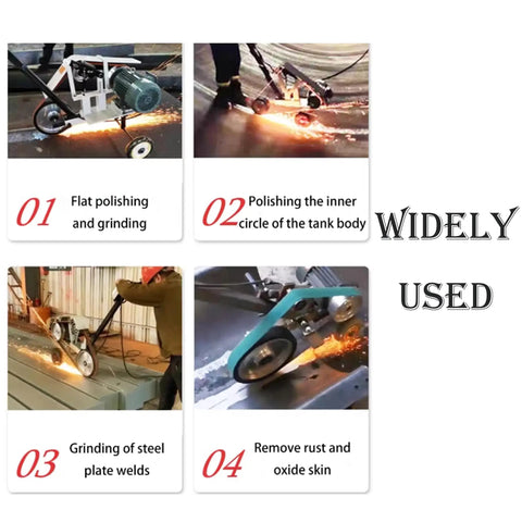 Portable Belt Sander And Abrasive Grinder On Rolling Frame For Rust Removal And Wood Projects features four uses including polishing and grinding.