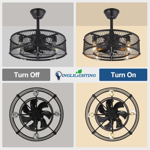 20 Inch Caged Ceiling Fan With Light Remote Dope Industrial Farmhouse Style Black For Living Room Bedroom Kitchen 6 Speeds Wind