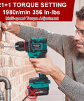 Man using Powerful 18V Cordless Drill Driver With 354 In-Lbs Max Torque, 3-8 Inch Keyless Chuck on a brick wall