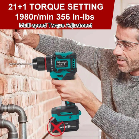 Man using Powerful 18V Cordless Drill Driver With 354 In-Lbs Max Torque, 3-8 Inch Keyless Chuck on a brick wall