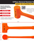 Six Piece Hammer Set With 16 Oz And 32 Oz Ball Peen Hammers, 32 Oz Rubber Mallet, 32 Oz Dead Blow Hammer, 3 Lb Sledgehammer, And 3 Lb Cross Pein, Comfortable Textured Handles For Pro Quality Home Repairs, Auto Work And DIY Projects, featuring 32 oz dead blow hammer with orange urethane body and steel handle.
