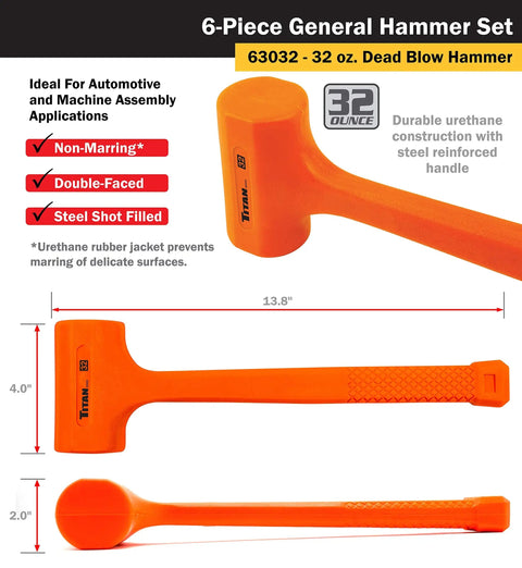 Six Piece Hammer Set With 16 Oz And 32 Oz Ball Peen Hammers, 32 Oz Rubber Mallet, 32 Oz Dead Blow Hammer, 3 Lb Sledgehammer, And 3 Lb Cross Pein, Comfortable Textured Handles For Pro Quality Home Repairs, Auto Work And DIY Projects, featuring 32 oz dead blow hammer with orange urethane body and steel handle.