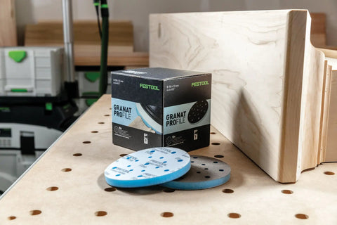 Granat Profile Soft 6 Inch Sanding Discs 10 Pack For Contours Curves And Moldings With Flexible Foam Backing on workbench