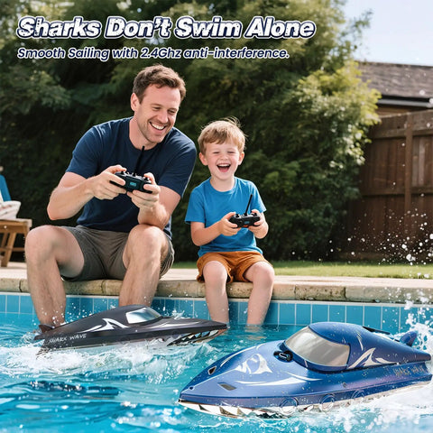 Father and son playing with High Speed Predator Hull RC Boat For Kids And Adults Waterproof 2.4GHz Remote Control in pool