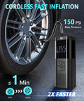 Cordless Tire Inflator Portable Air Compressor With LED Light, Auto Shutoff At Target Pressure, 150 PSI Gauge next to car tire