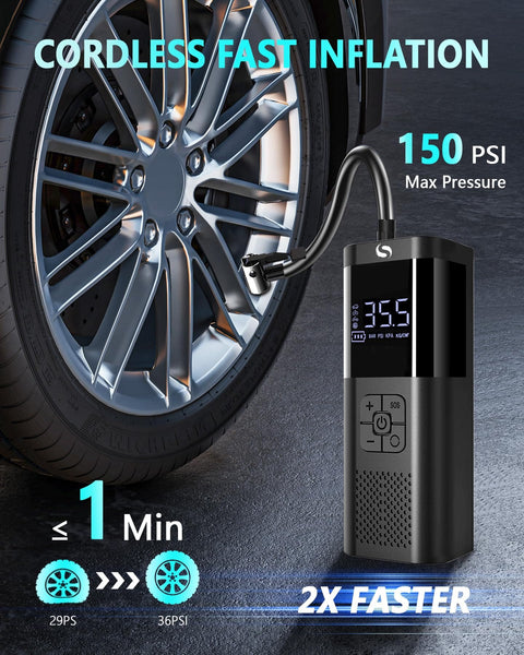 Cordless Tire Inflator Portable Air Compressor With LED Light, Auto Shutoff At Target Pressure, 150 PSI Gauge next to car tire