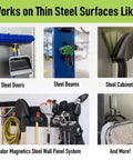 4 Inch Open Magnetic Hooks Set For Steel Surfaces Heavy Duty 25 Pound Hold with Patented Easy Release shown in various uses