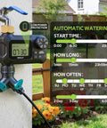 Close-up of All In One No Fuss 360 Degree Drip Irrigation System Kit With Timer attached to outdoor faucet, displaying automatic watering settings.