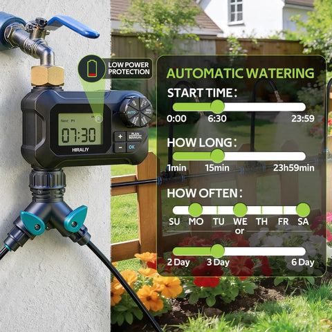 Close-up of All In One No Fuss 360 Degree Drip Irrigation System Kit With Timer attached to outdoor faucet, displaying automatic watering settings.