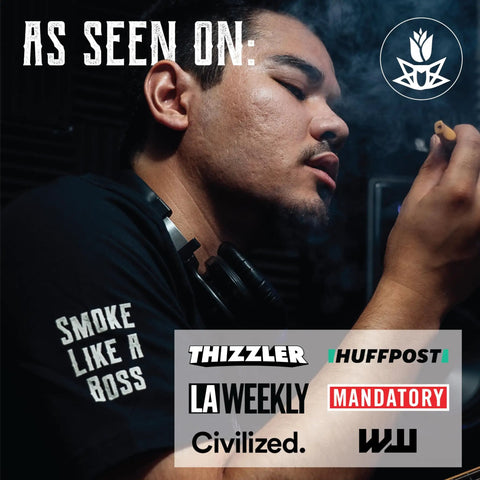 Man enjoying smoke with Mini Cannagar Mold And Cigar Roller Kit 1-2g Press, 30 Minute Burn Time, brand logos displayed as endorsements.