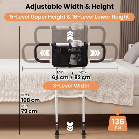 Foldable Bed Rail For Seniors With Adjustable Width And Height, No Fuss Carry Bag Included, Safety Belt And Two Handles, Easy Install
