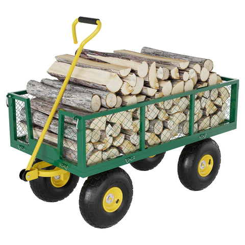 Garden Wagon Cart Workhorse Heavy Duty With 1400 Lb Capacity And 3 In 1 Convertible Design Fence Wagon Flatbed Tow Trailer loaded with firewood