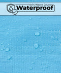 Close-up of Heavy Duty Waterproof Tarp 20x30 Feet 12 Mil Thick Blue with water droplets on surface, showing waterproof texture.