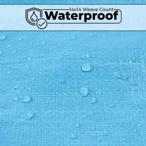 Close-up of Heavy Duty Waterproof Tarp 20x30 Feet 12 Mil Thick Blue with water droplets on surface, showing waterproof texture.