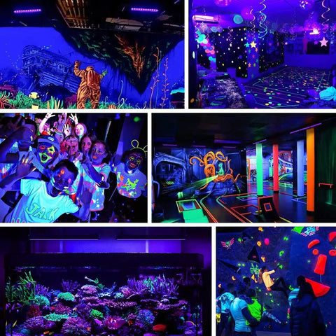 Triple Pack 100W LED Black Lights Flood Lamps with Plug creating vibrant glow-in-the-dark effects at parties and events.
