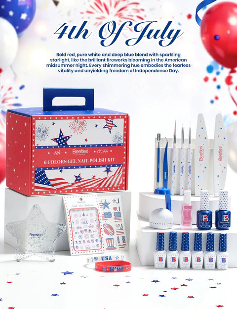 Fourth Of July Gel Nail Polish Kit With UV Light And 6 Festive Red White Blue Shades, Base Top Coat, Stickers, And Nail Art Tools