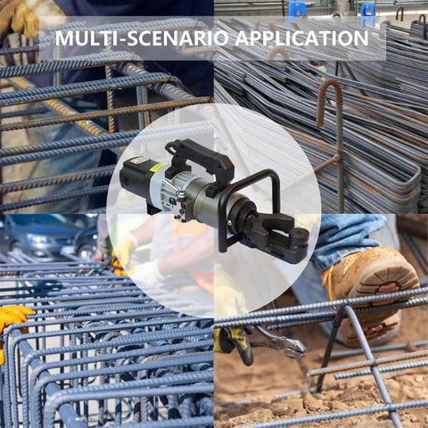 1800W Electric Steel Bar Bender With Hydraulic Concrete Cutter Cut Bends 18 To 36 Mm Rebar In Seconds Includes Safety Gloves Professional Automatic Pipe Bender Tool in use on construction site.