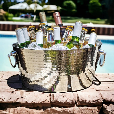 Hammered Stainless Steel Beverage Tub With Double Walled Insulation Anchored Ice Bucket Chiller For Epic Parties 12 Quarts