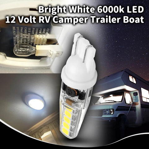 Close-up of Ten Pack T10 LED RV Interior Bulbs 12V 24V Bright White 6000K 300 Lumens 2W Low Power Replacement light in RV setting