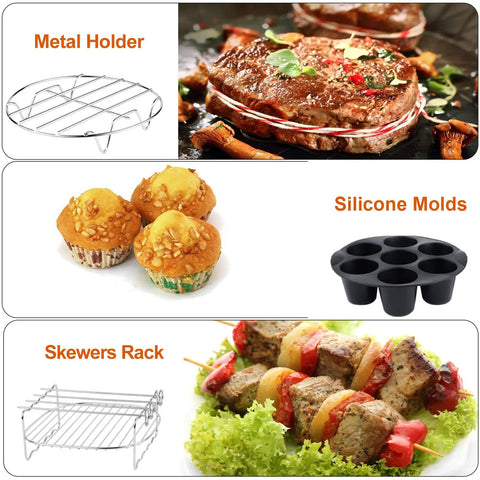 12 Piece Air Fryer Accessory Kit for Square Air Fryers showing metal holder, silicone molds with muffins, and skewer rack with kebabs.