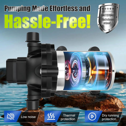 Front view of 12V Fresh Water Pump For RV And Boat, Diaphragm Pump With 3.5 GPM, 45 PSI, 1/2 NPT Connection, Low Noise Operation