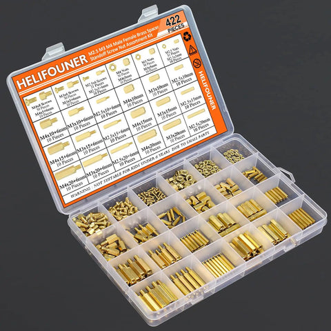 Heavy Duty Brass Spacers Standoffs Set with M2.5 M3 M4 Hex Screws and Nuts Assortment Kit for PC Motherboard Assembly in organizer box.