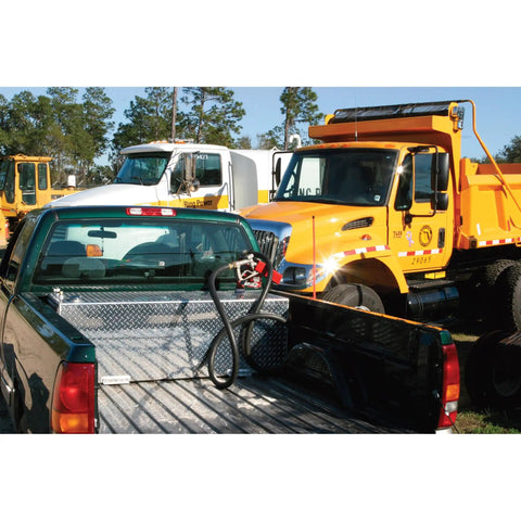 60 Gallon Fuel Tank For Trucks And SUVs With Top Feed Siphon Using Electric Pump in truck bed, heavy duty steel construction